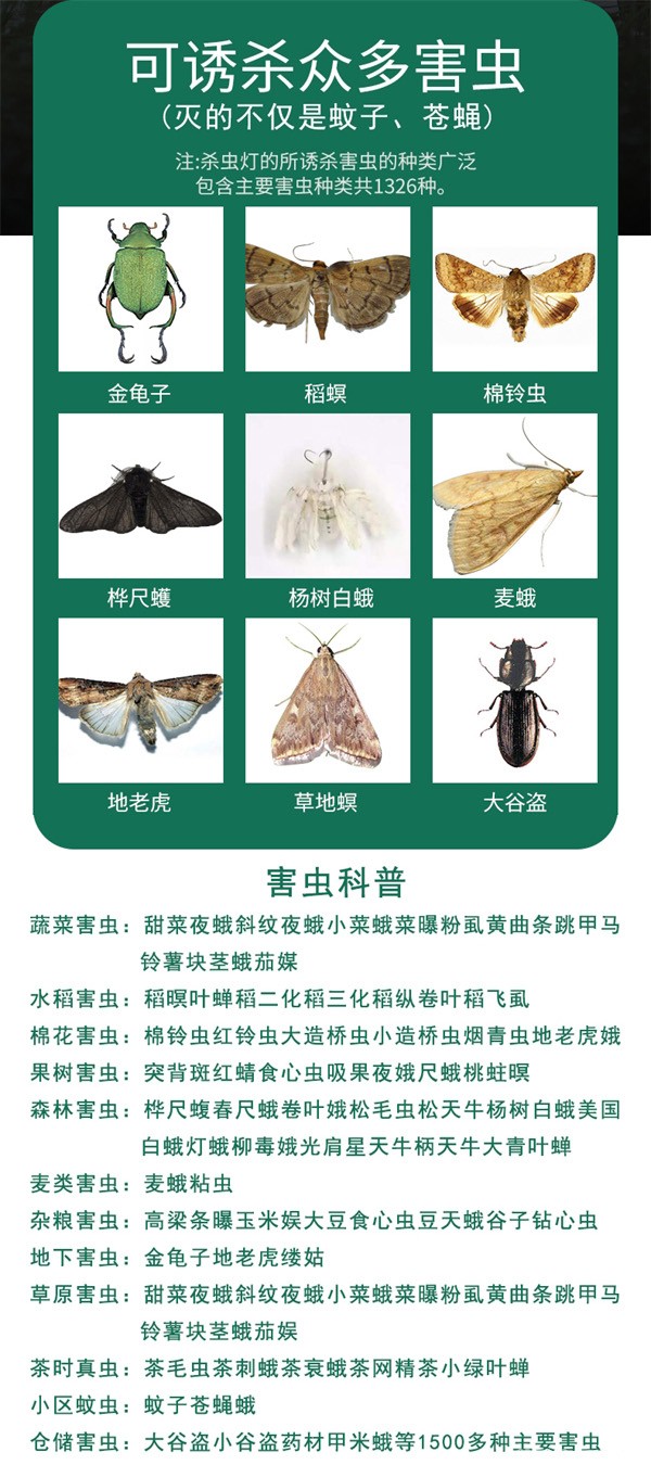 频振式太阳能杀虫灯诱杀害虫种类