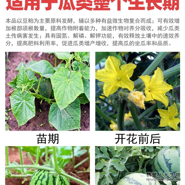 多氨豆粕菌肥系列瓜类专用肥适用范围：适用于西瓜、甜瓜、哈密瓜等瓜类作物。