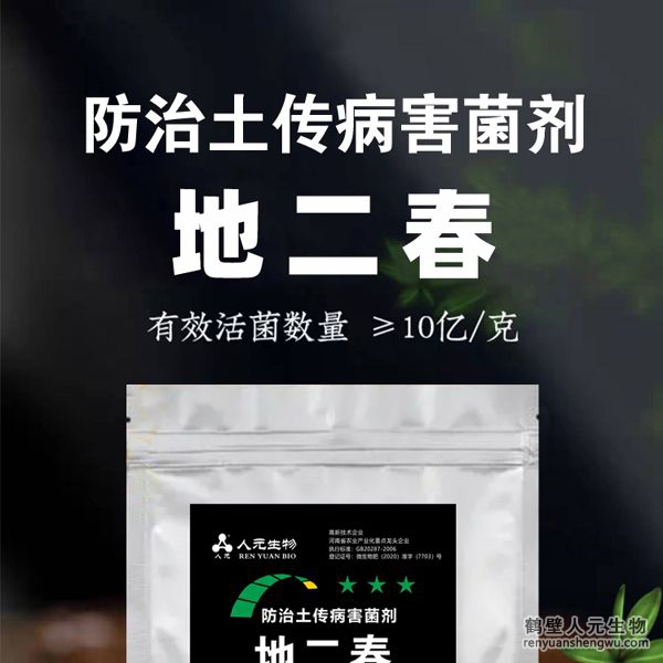 【地二春】土传病害防治菌剂由河南省微生物菌剂工程技术研究中心研制，南宫NG·28相信品牌力量生产，本品根据土壤生态环境及土传病害机理，以枯草、地衣芽孢杆菌、哈茨木霉菌、放线菌、白僵菌、绿僵菌及淡紫拟青霉等菌群为主，经特殊培养精心研制而成的新一代抗土传病害复合微生物菌剂。