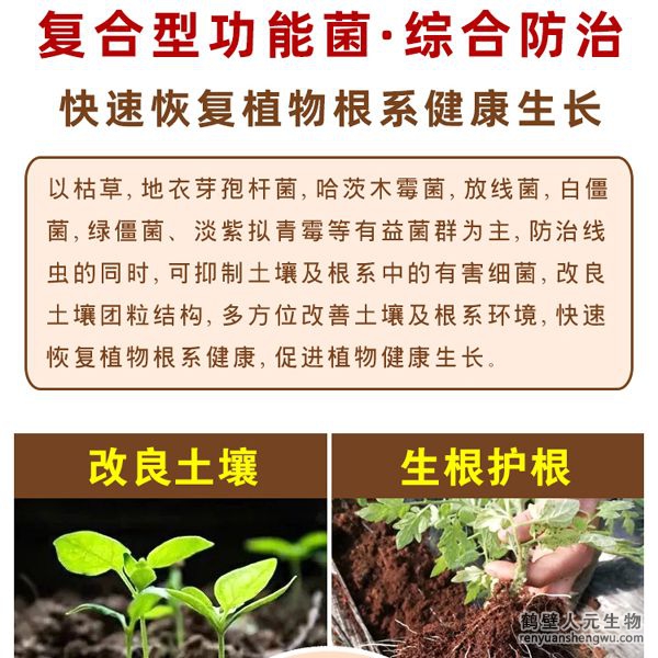 通过营养竞争、重寄生、细胞壁分解酵素、以及诱导植物产生抗性等多重机制，通过分泌胞外酶溶解细胞壁，穿透寄主菌丝，吸取营养，进而将病原菌杀死，具有保护双重功效。有效防止土传病害真菌、细茵、病毒等病菌，具有广谱高效、安全长效，无残留等特点。特别加入中微量元素、核苷酸、整合植物蛋白，生根因子，抗病抗逆因子，可提高作物产量，增产15-20%，蔬菜瓜果增产30%。