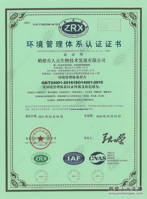 人元环境管理体系认证证书